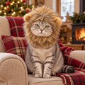 AI illustration: Mabel models the Lion Mane Cat Costume Hat in the farmhouse.
