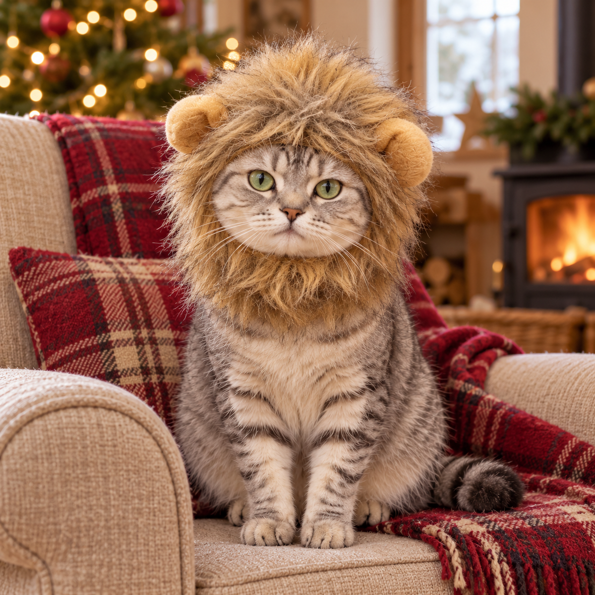 AI illustration: Mabel models the Lion Mane Cat Costume Hat in the farmhouse.