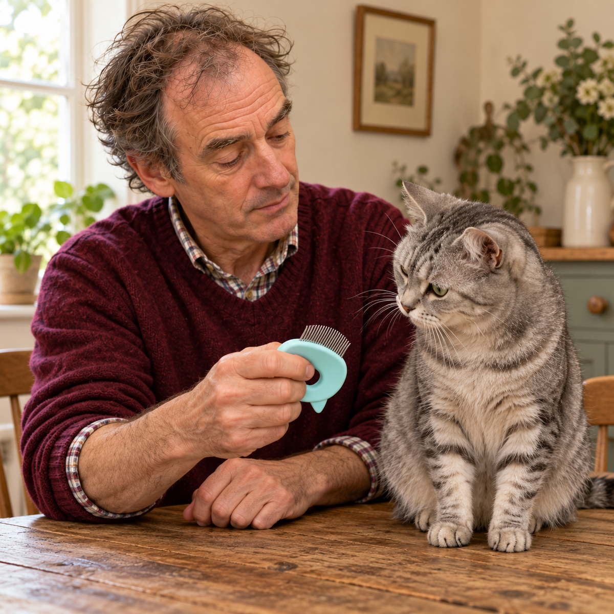 AI lifestyle illustration: Arthur shows the green Cat Grooming & Massage Comb to Mabel, our silver tabby, at the farmhouse table.