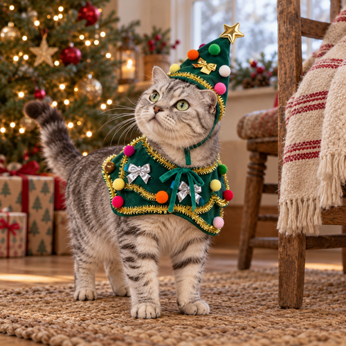 AI illustration: Mabel wears the green Christmas Tree Pet Hat & Cape Set at Nosey Farm.
