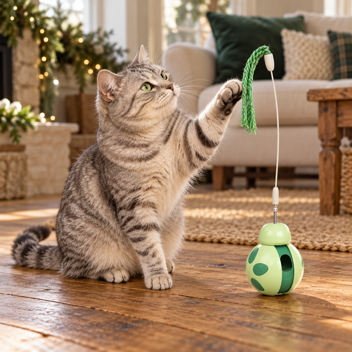 AI illustration: Mabel bats the green tassel on the Interactive Cat Tumbler Toy at Nosey Farm.