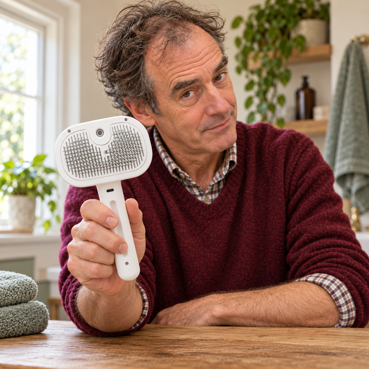 AI lifestyle illustration: Arthur presents the white Mist & Brush Pet Grooming Comb at Nosey Farm.