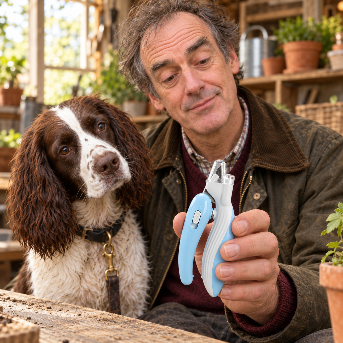 AI lifestyle illustration: Arthur and Bertie present the blue manual LED pet nail clipper with clear guard.