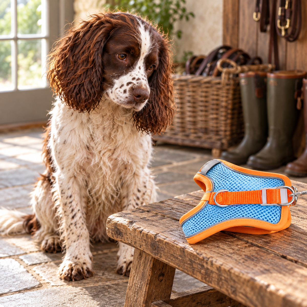 AI illustration: Bertie presents a blue and orange small-pet harness laid on a farm bench; he is not wearing it. Check the size chart for fit.