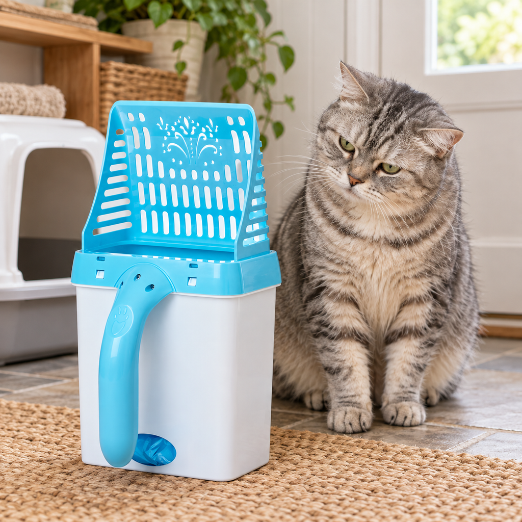Mabel the silver tabby beside the blue Cat Litter Scoop with Waste Bin in a bright utility room