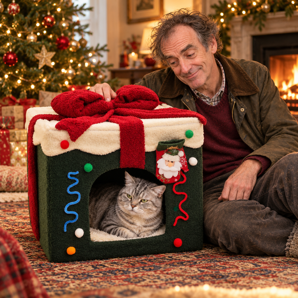 Mabel the silver tabby curled inside the Christmas present cat house bed beside Arthur in a festive sitting room