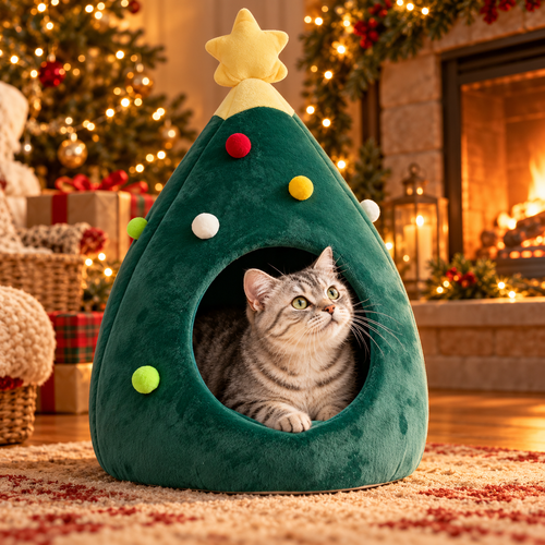 AI illustration: Mabel, our silver tabby cat, with the Christmas Tree Plush Cat Cave.
