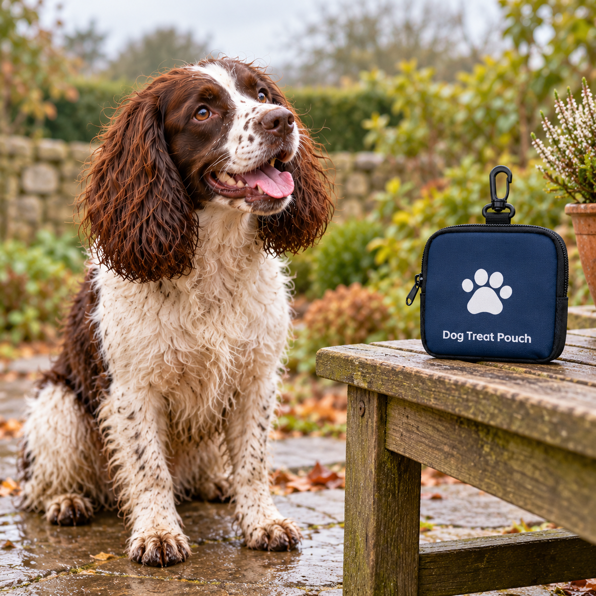 AI illustration: Bertie, our liver-and-white spaniel, with the Dog Treat Pouch.
