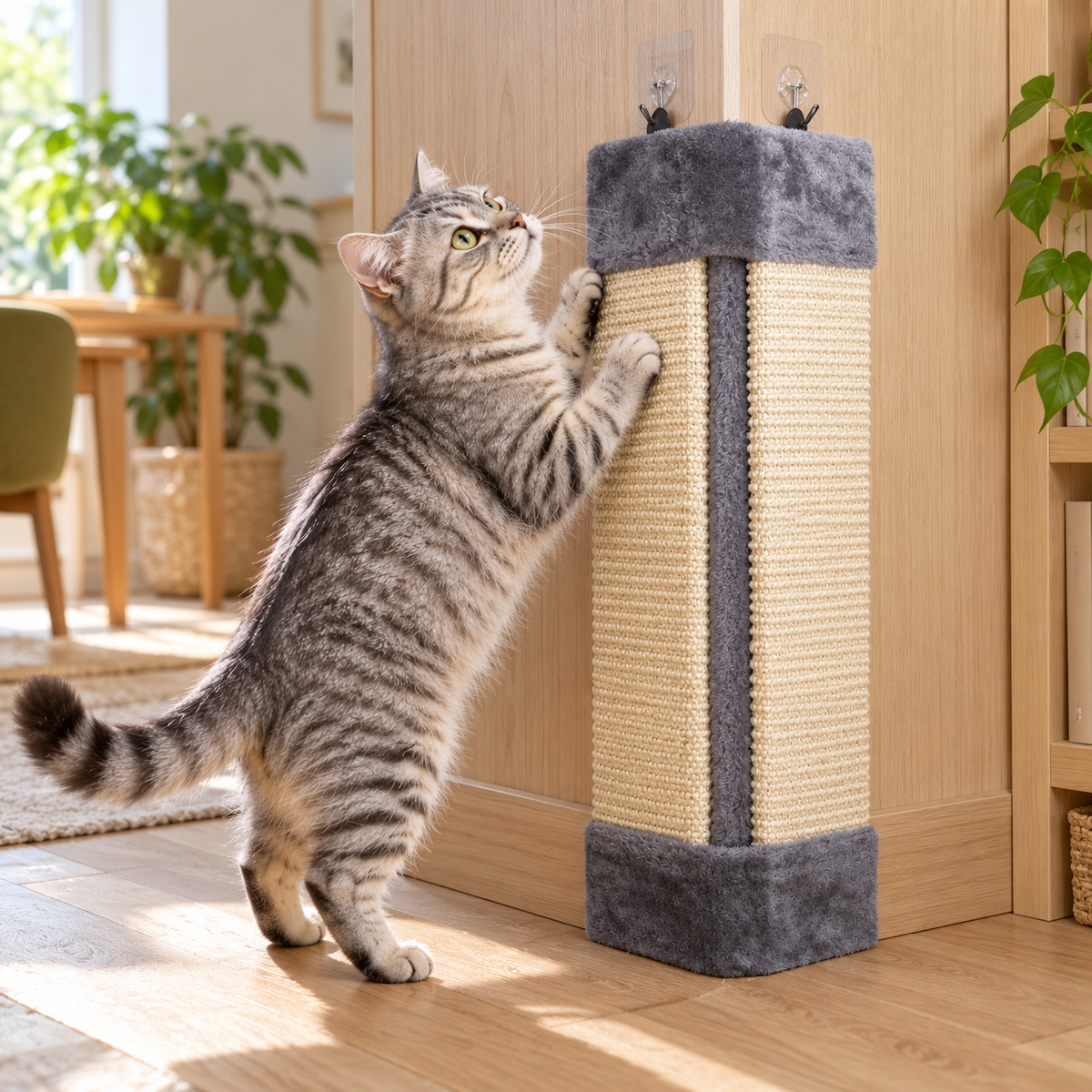 AI illustration: Mabel, our silver tabby cat, with the Foldable Sisal Cat Scratcher.