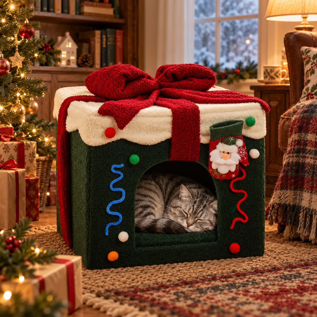 Mabel, Nosey Parcel’s silver tabby cat, asleep inside the green Christmas present cat house bed