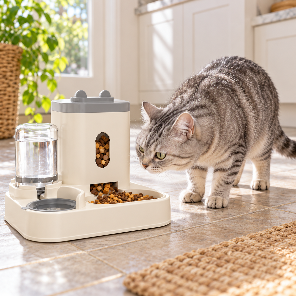 AI illustration: Mabel, our silver tabby cat, with the Gravity Pet Feeding and Water Station.
