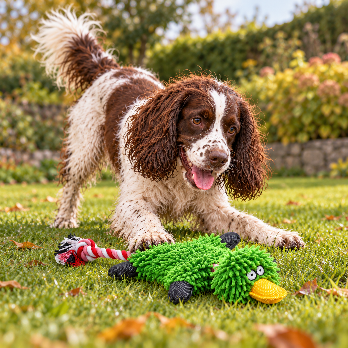 AI illustration: Bertie, our liver-and-white spaniel, with the Green Chenille Duck Dog Toy with Rope Tail.