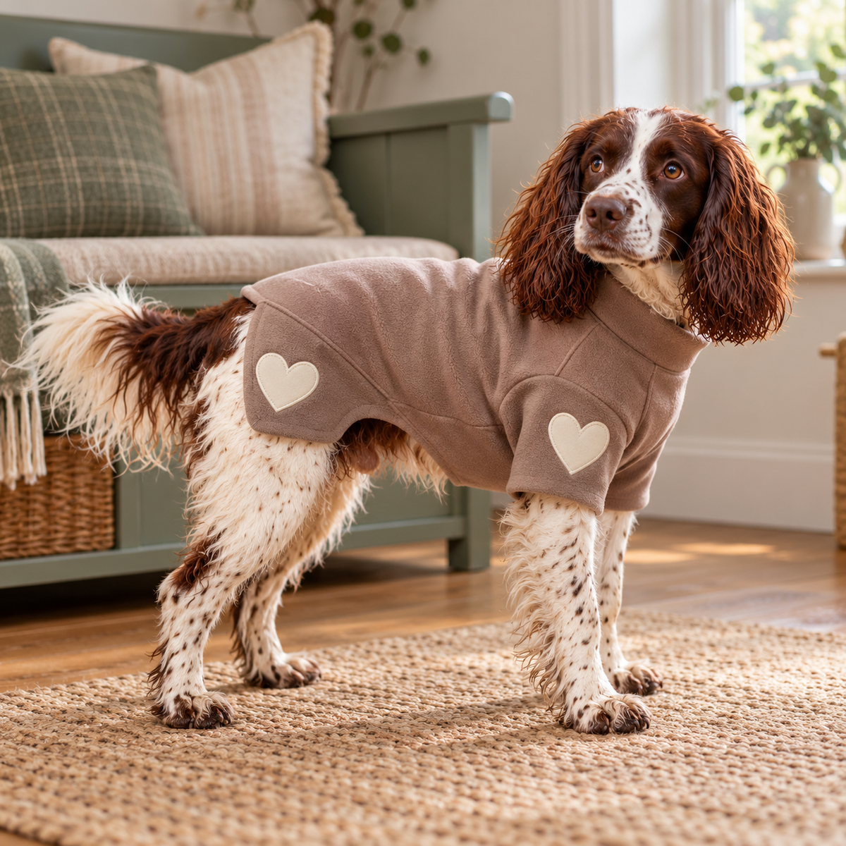 AI illustration: Bertie, our liver-and-white spaniel, with the Heart Sweater for Dogs.