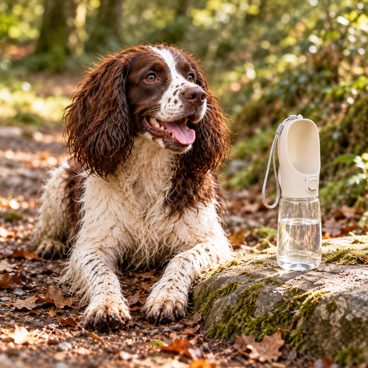 AI illustration: Bertie, our liver-and-white spaniel, with the Outdoor Dog Water Bottle.