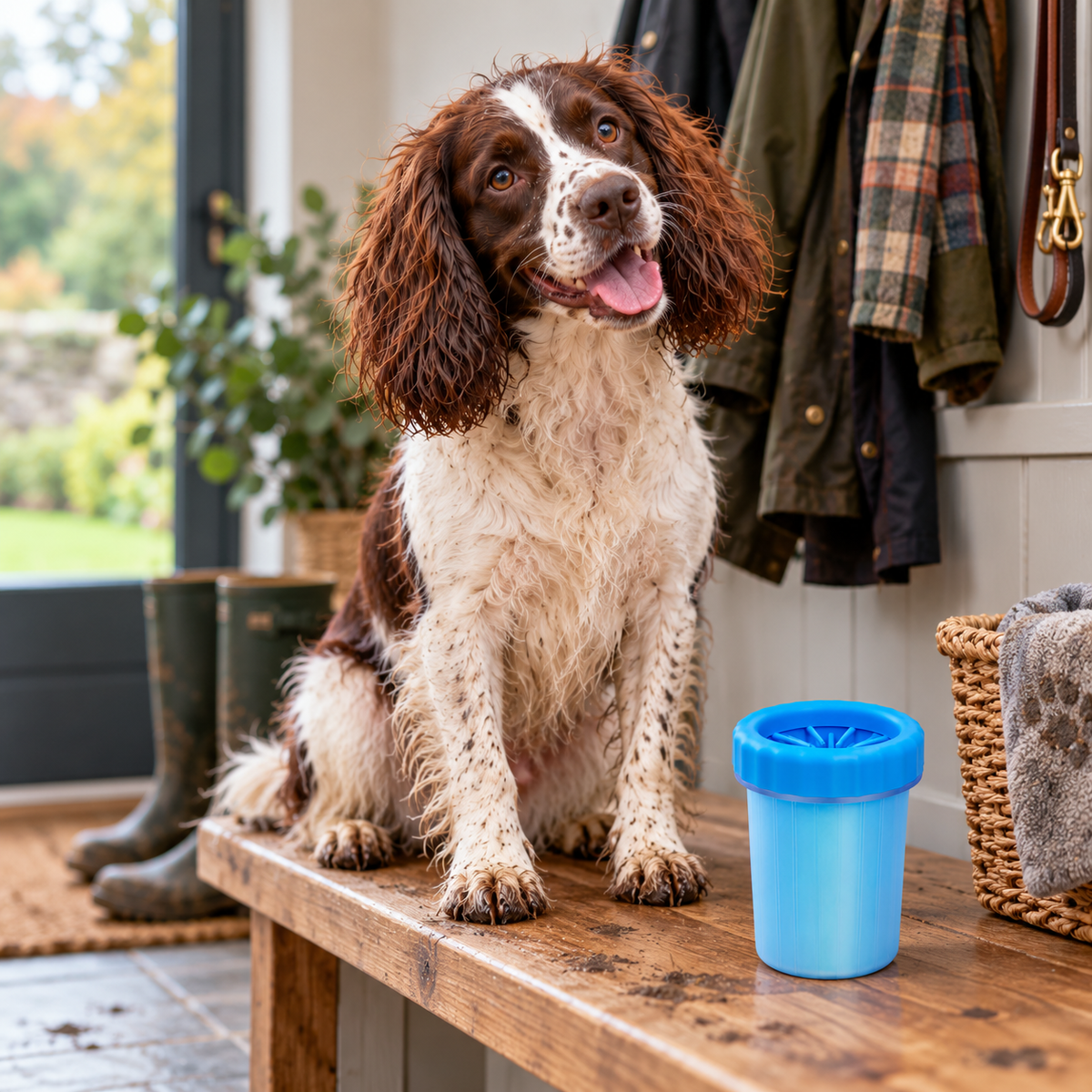 AI illustration: Bertie, our liver-and-white spaniel, with the Muddy Paw Cleaner Cup.