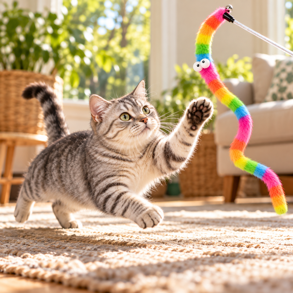 AI illustration: Mabel, our silver tabby cat, with the Plush Caterpillar Cat Teaser Wand.