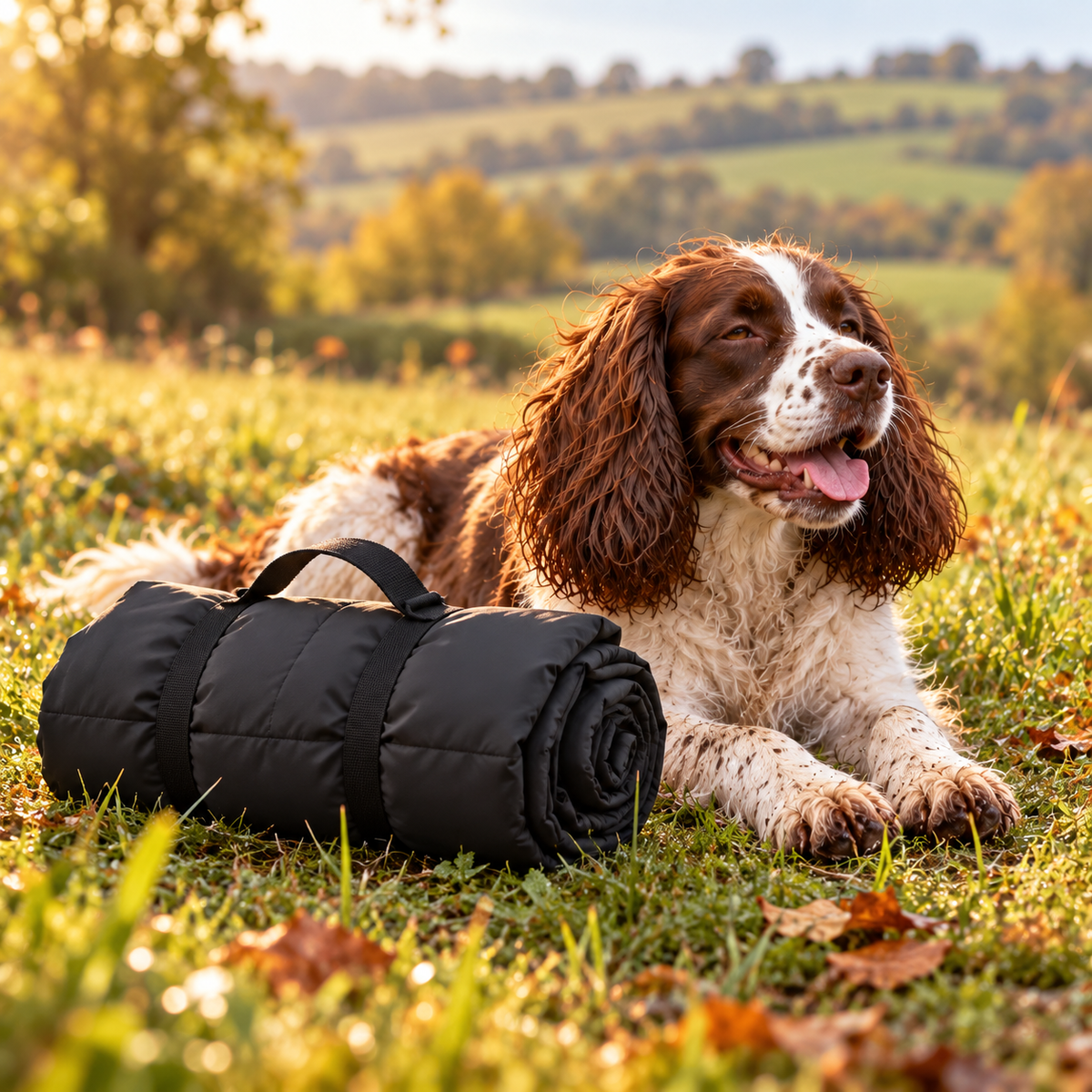 AI illustration: Bertie, our liver-and-white spaniel, with the Roll-Up Dog Travel Mat.