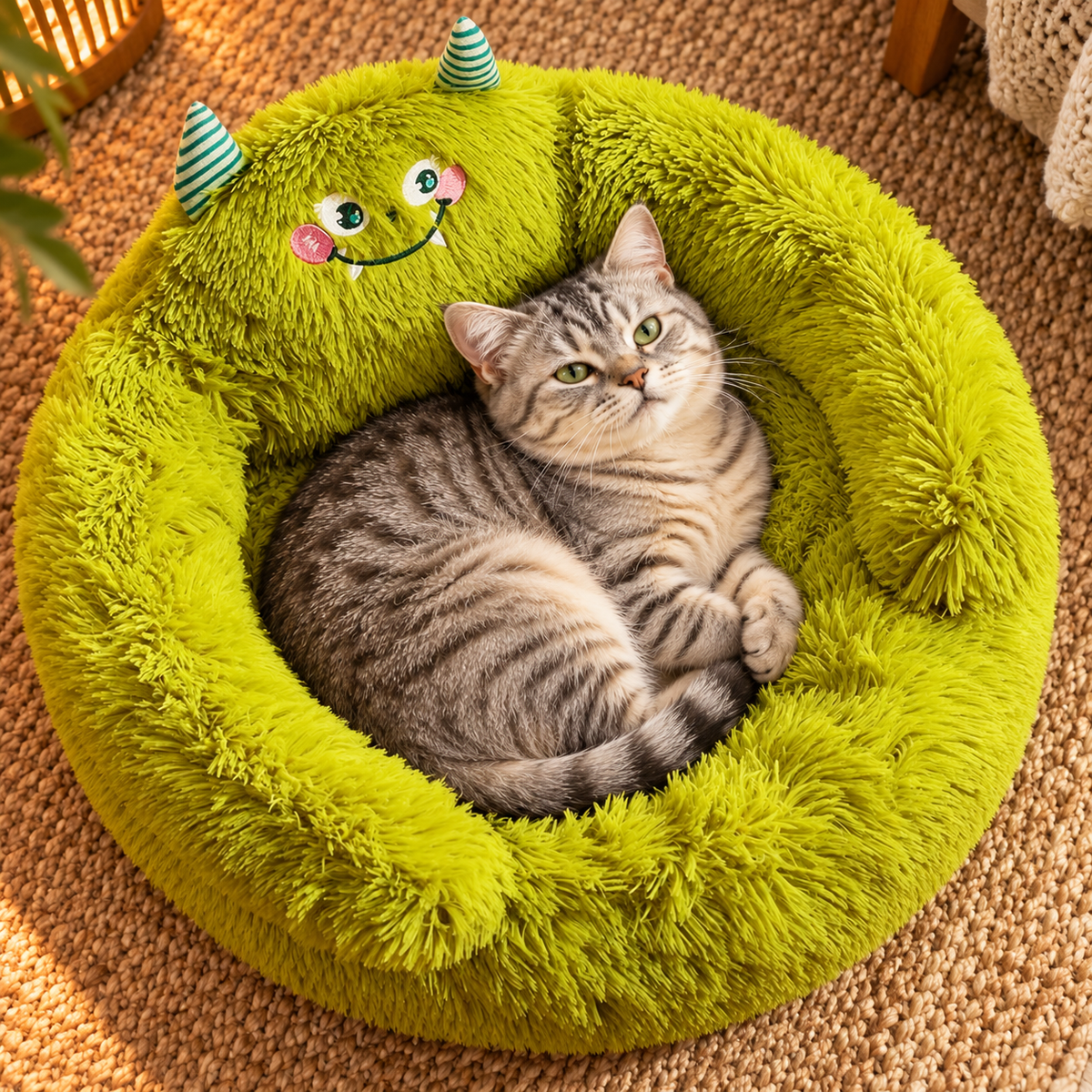 AI illustration: Mabel, our silver tabby cat, with the Round Plush Pet Bed.