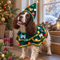 AI illustration: Bertie, our liver-and-white spaniel, wearing the green Christmas tree hat and cape.