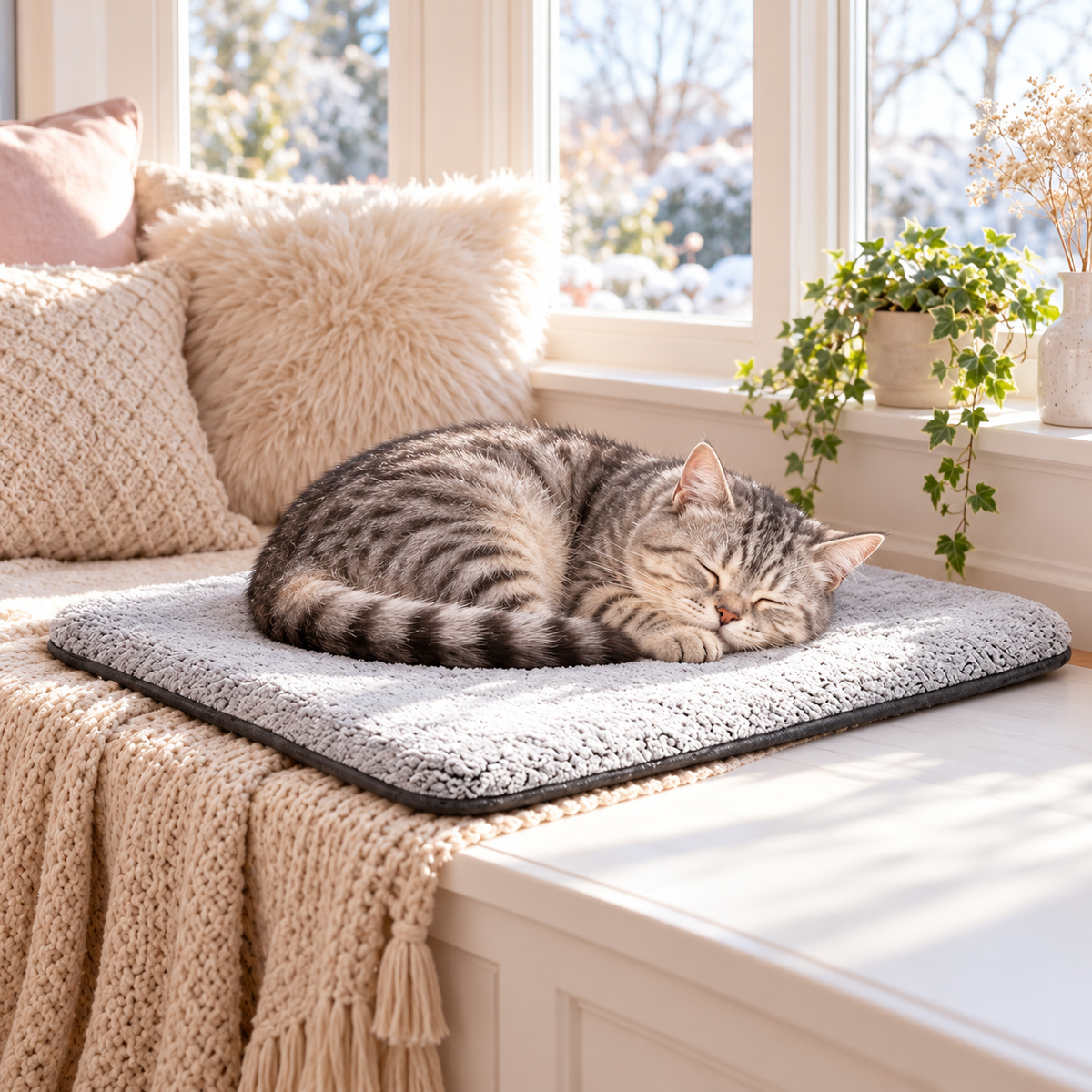 AI illustration: Mabel, our silver tabby cat, with the Self-Warming Pet Mat.