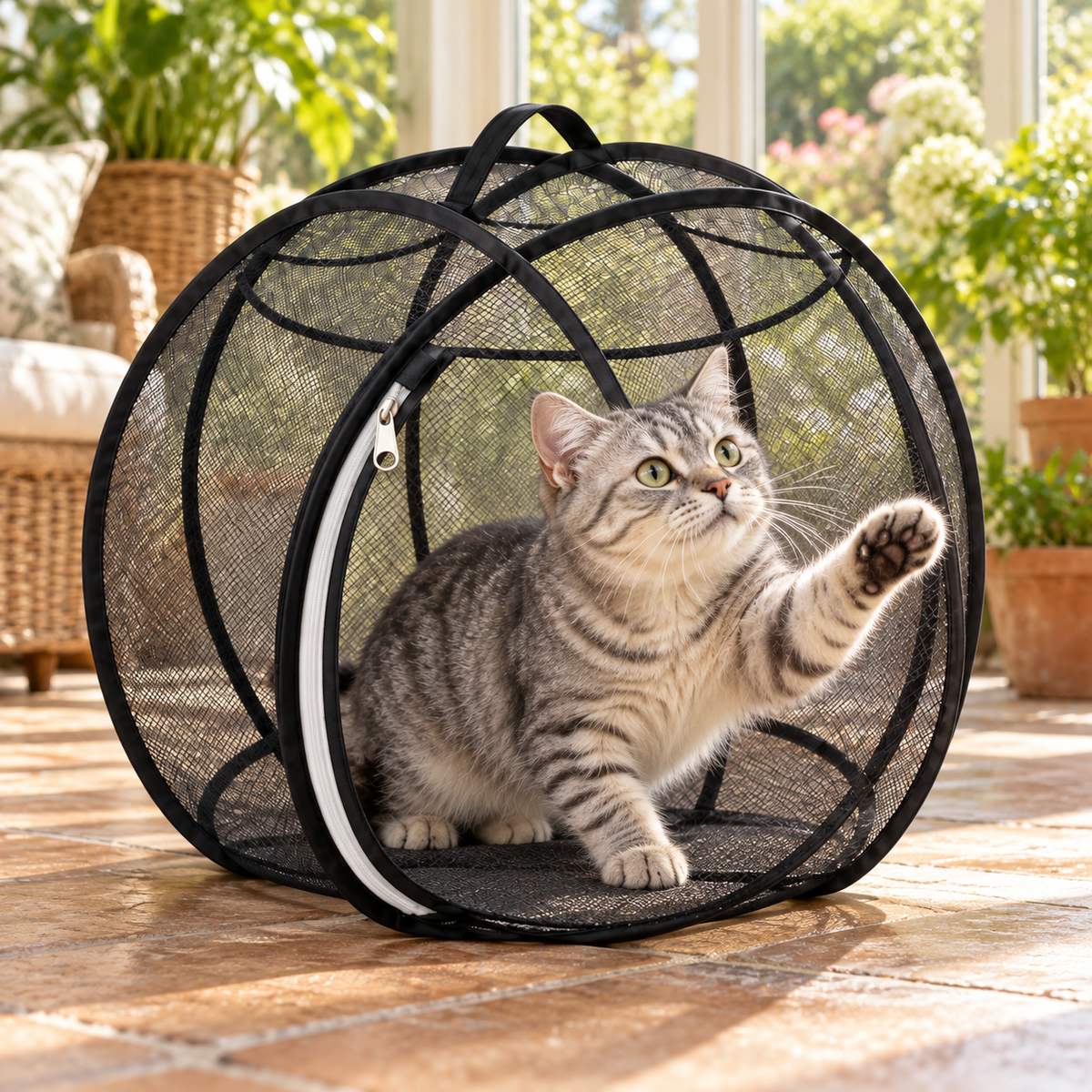 AI illustration: Mabel, our silver tabby cat, reaching playfully inside the black mesh cat play sphere.