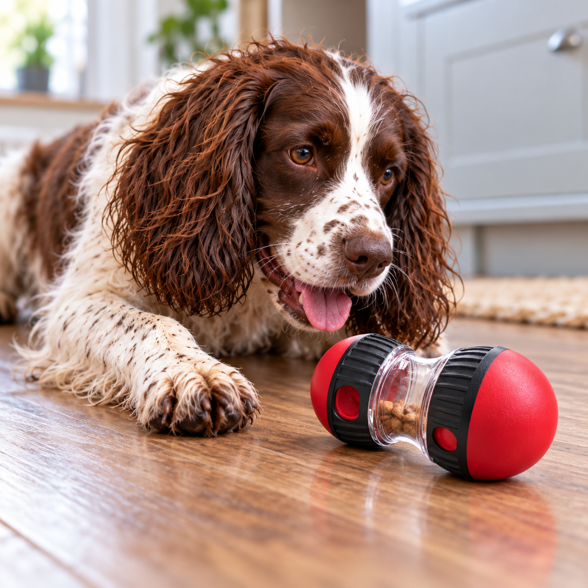 AI illustration: Bertie, our liver-and-white spaniel, with the Treat-Dispensing Dog Ball.
